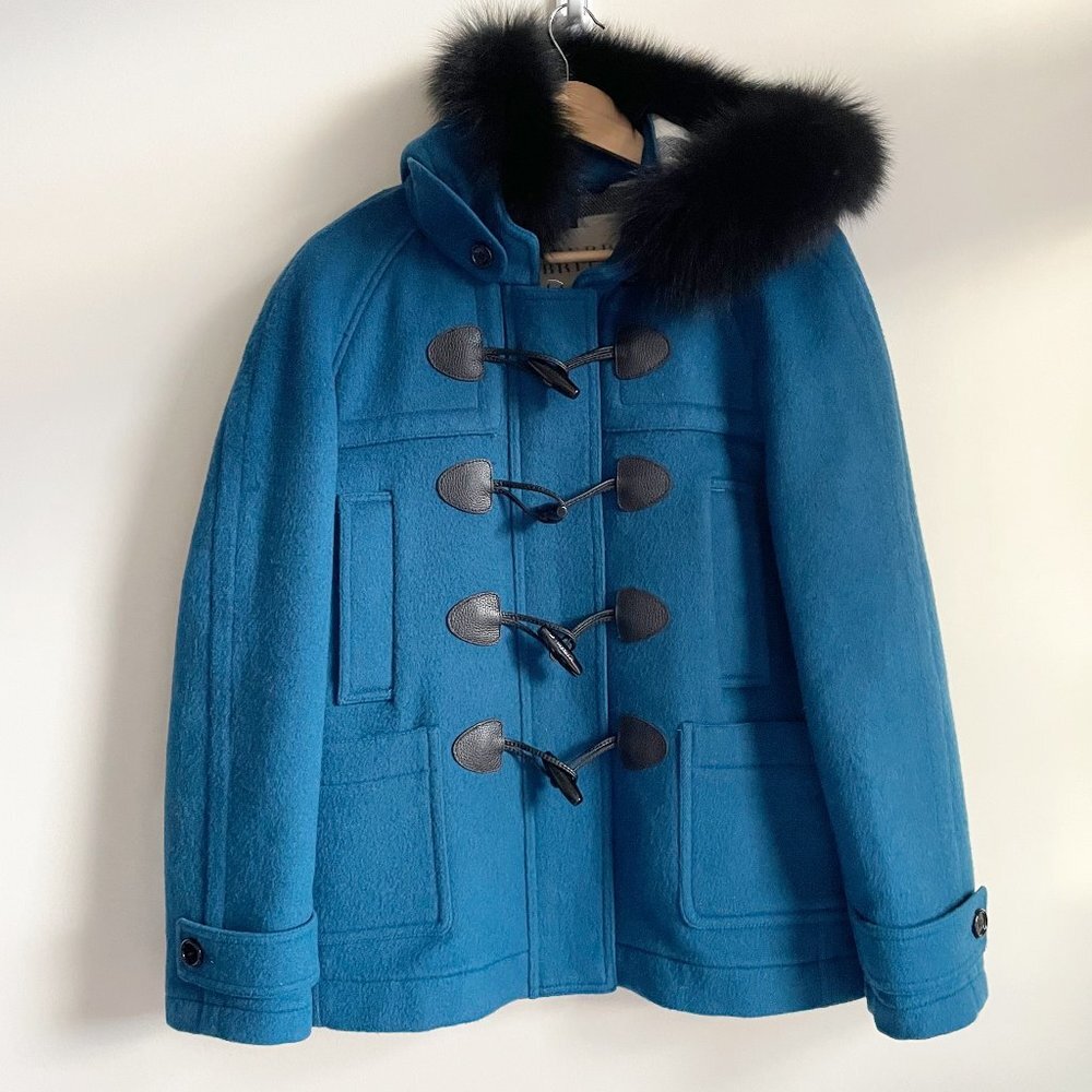 Authentic BURBERRY Brit Blue Classic Toggle Duffle Coat Wool Fox Fur